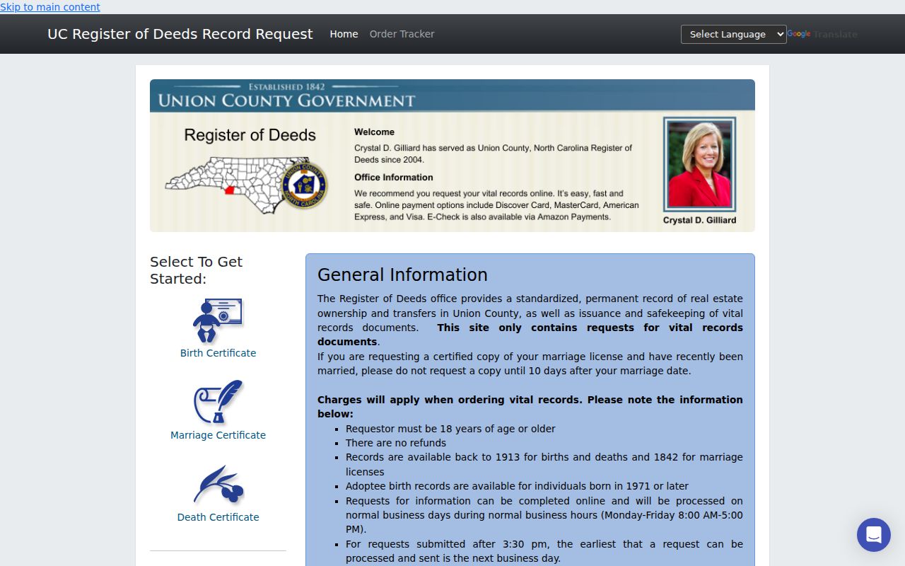 Union County resident lookup through the Register of Deeds vital records request portal