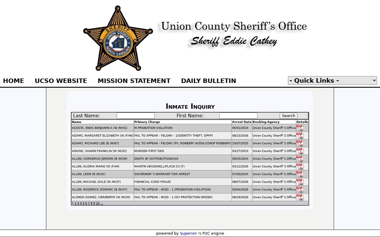 Union County resident lookup showing the Sheriff jail inmate inquiry fields